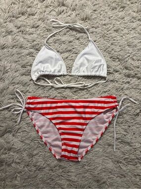 Swims White Triangle Top XL with Red & White Striped Bikini Bottoms L Women’s